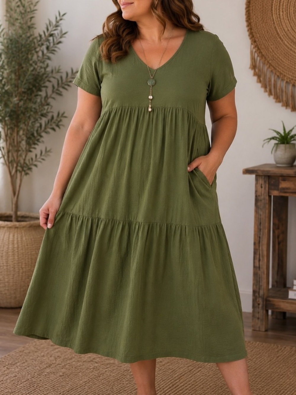 Midi Dress Womens Size 1X Army Green V-Neck Short Sleeve Lightweight Romantic